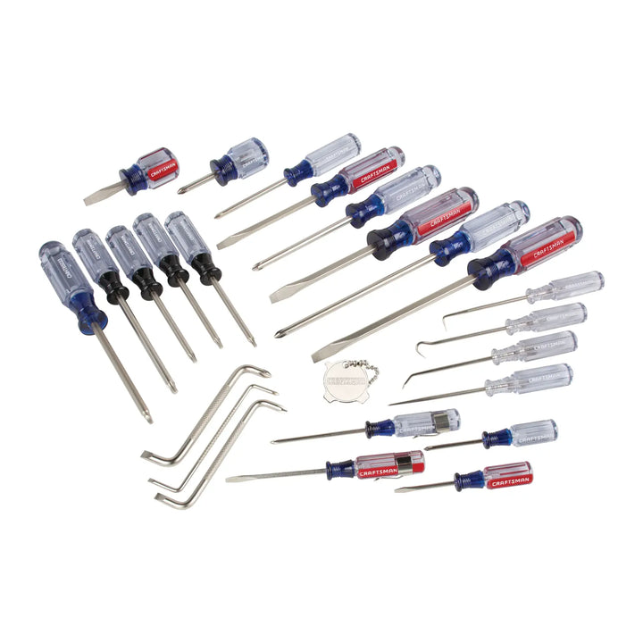 Craftsman CMHT65046 screwdriver and pick set with blue and red handles, assorted sizes on white background, top-down view.