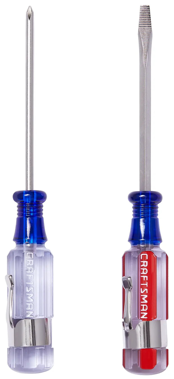 CRAFTSMAN screwdriver set CMHT65047 with clear blue and red handles, Phillips and slotted tips, front view on white.