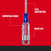 Photo of Craftsman screwdriver CMHT65047 with blue and clear handle, pocket clip, steel shaft, and visible Craftsman logo, front angle.
