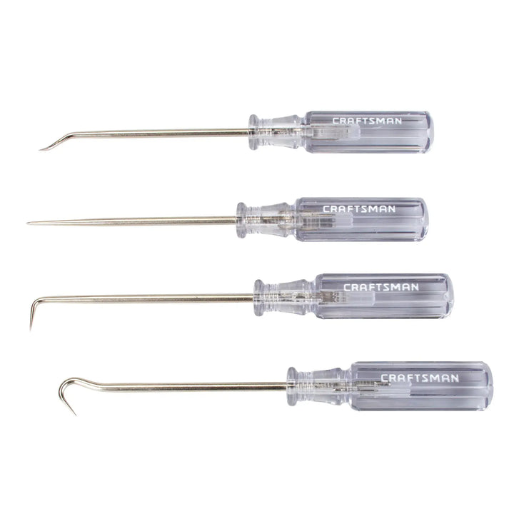 Photo of Craftsman CMHT65048 set of four metal pick tools with clear handles, side angle on white background.
