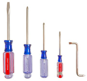 Photo of CRAFTSMAN CMHT65050 screwdriver set, five tools with clear blue and red handles, front angle.