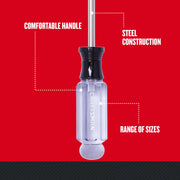 Photo of Craftsman screwdriver CMHT65051 with clear handle, steel shaft, comfortable grip, shown on red background.