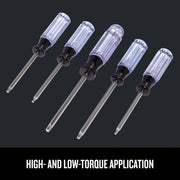 Photo of five Craftsman Phillips screwdrivers with clear handles, SKU CMHT65051, arranged diagonally on black.