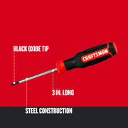 Photo of Craftsman screwdriver CMHT65067, black oxide tip, 3 in. long, steel construction, side angle.