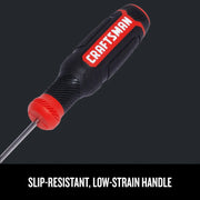 Photo of Craftsman screwdriver CMHT65073 with black and red slip-resistant handle, angled on dark background.