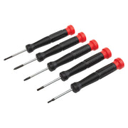 Craftsman CMHT65074 precision screwdriver set, five black handles with red ends, angled view, white background.