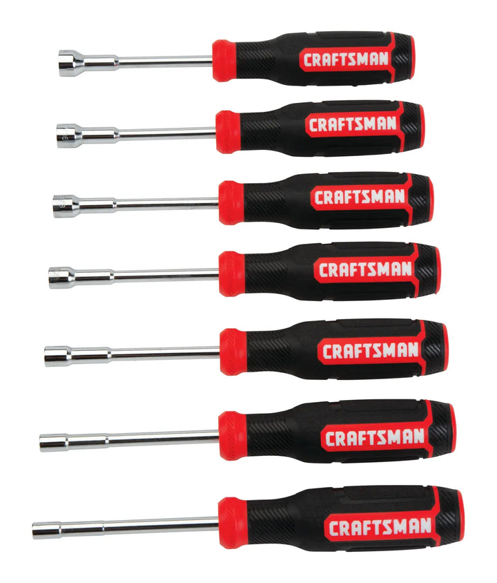 Photo of CRAFTSMAN nut driver set CMHT65081 with black and red handles, 7 tools on white background.