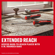 Two CRAFTSMAN screwdrivers with 6-inch bars and a hammer on a work surface, for hard-to-reach places.