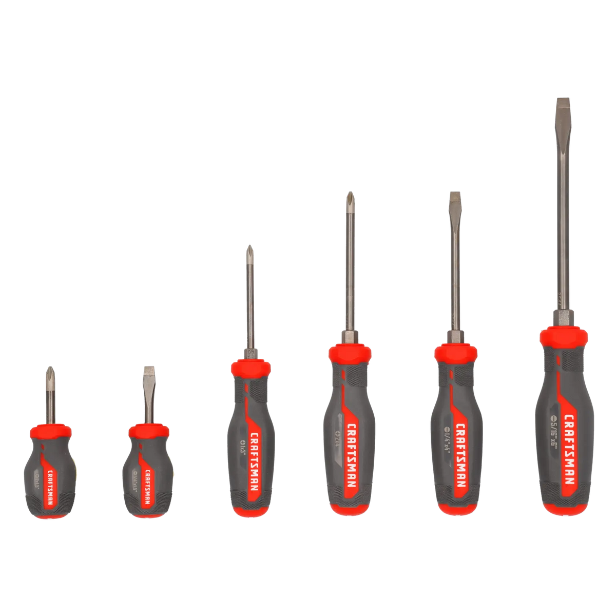 A set of six Craftsman screwdrivers with gray and red handles, including three flathead and three Phillips head screwdrivers, arranged in order of increasing size from left to right.