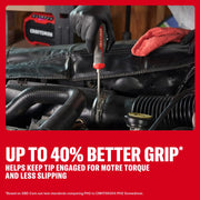 Gloved hand using a CRAFTSMAN screwdriver on engine parts. Text highlights better grip and less slipping.
