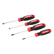 Photo of Craftsman screwdriver set CMHT65132, four red and black screwdrivers, side angle, white background.