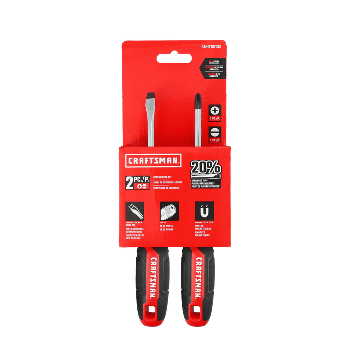 Photo of Craftsman screwdriver set CMHT65133, flathead and Phillips, black and red handles, front angle.
