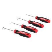 Photo of Craftsman four-piece pick and hook set with red and black handles, SKU CMHT65134, side angle.