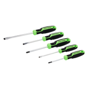 Photo of Craftsman screwdriver set CMHT65135, five black and green screwdrivers, side angle, white background.