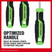 Three CRAFTSMAN screwdrivers with green and black handles designed to prevent rolling and provide optimized grip.