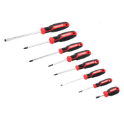 Photography of Craftsman screwdriver set CMHT65138, black and red handles, flat and Phillips tips, angled on white.