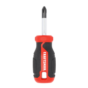 Front view photo of Craftsman CMHT65149 stubby Phillips screwdriver with red and black ergonomic handle on white background.