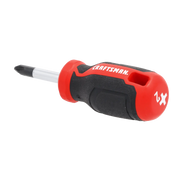 Craftsman stubby Phillips screwdriver CMHT65149, red and black handle, side angle on white background.