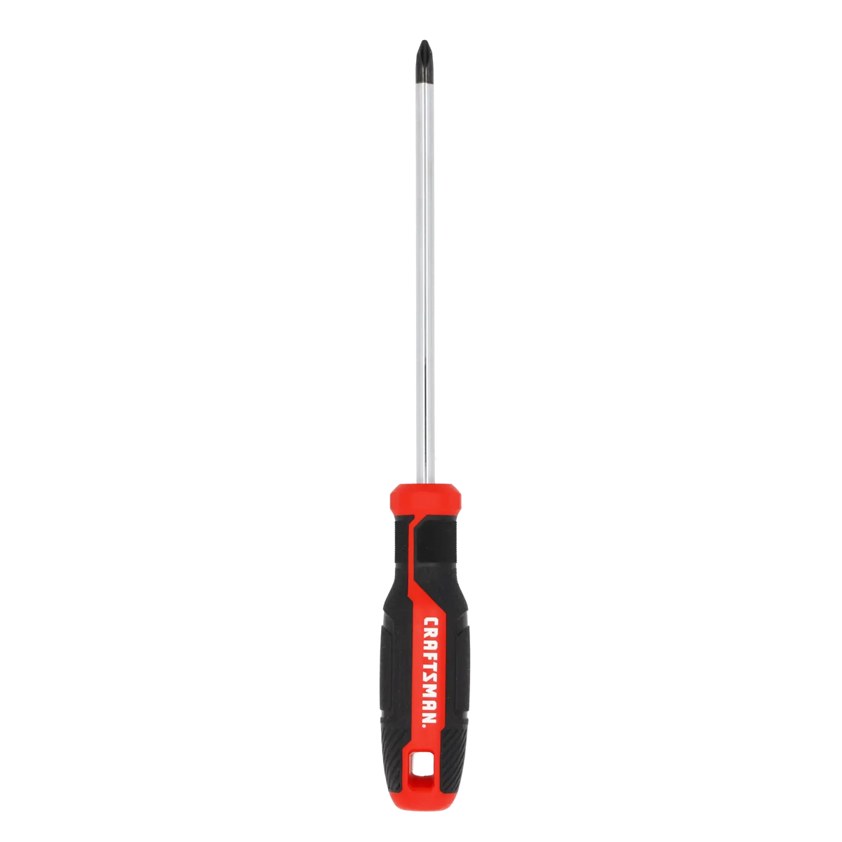 Photo of Craftsman CMHT65151 Phillips screwdriver with black and red handle, front angle, white background.