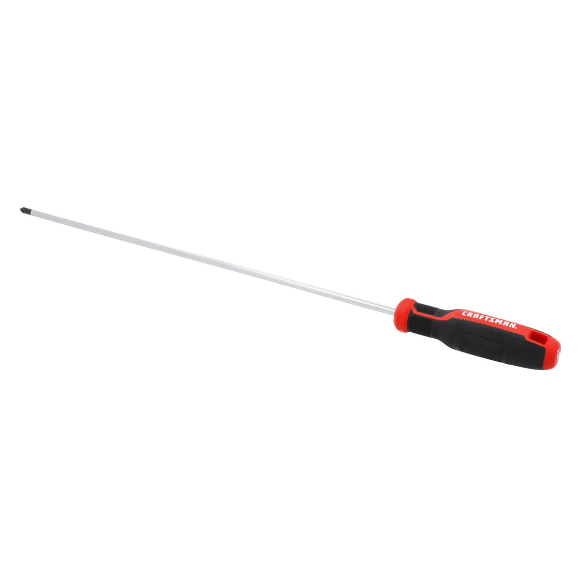 Craftsman CMHT65155 extra-long Phillips screwdriver with black and red handle, side angle, white background.