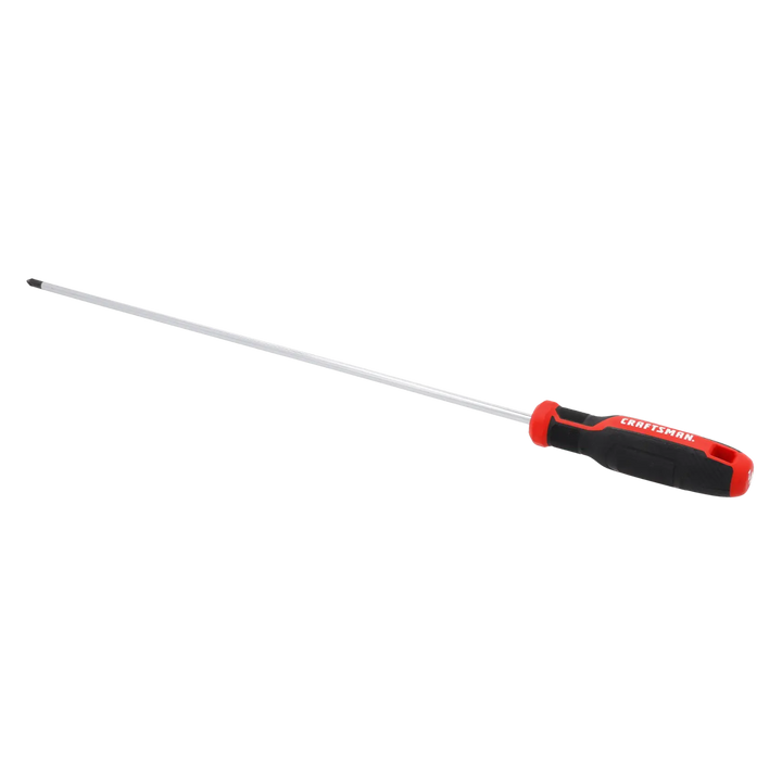 Craftsman CMHT65155 extra-long Phillips screwdriver with black and red handle, side angle, white background.
