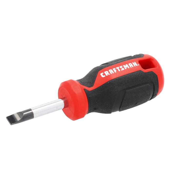 Craftsman stubby slotted screwdriver, black and red handle, side angle, CMHT65163.