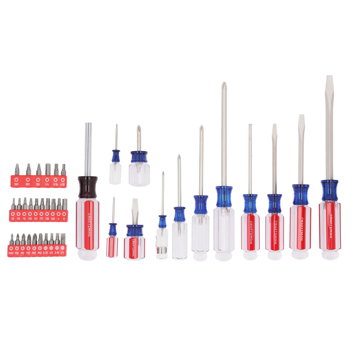 Craftsman CMHT65180 screwdriver and bit set with red and blue handles, photographed on white background.