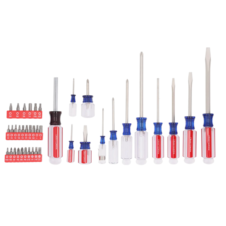 Craftsman CMHT65180 screwdriver and bit set with red and blue handles, photographed on white background.