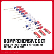 CRAFTSMAN screwdriver set with 12 fixed bars, a multi-bit handle, and 26 bits arranged on a white background.