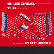 Photo of Craftsman screwdriver set CMHT65300 with 19 slotted screwdrivers, 7 Torx, and 11 acetate Phillips head, top view.