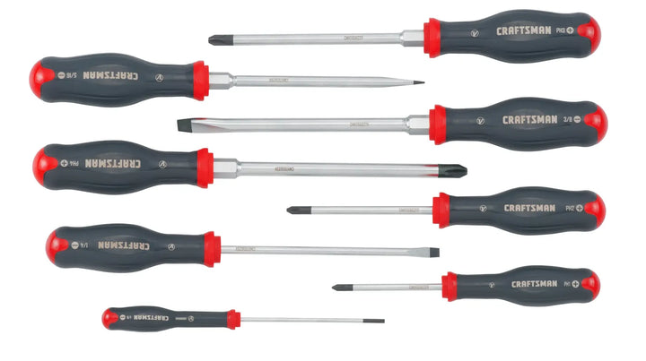 Photo of CRAFTSMAN screwdriver set CMHT65618V, eight black and red screwdrivers, flat and Phillips types, top view.