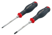 Photo of two CRAFTSMAN screwdrivers, SKU CMHT65619V, with black handles, red accents, flathead and Phillips tips, on white background.