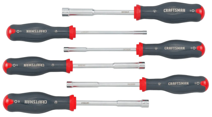 Photo of Craftsman nut driver set, SKU CMHT65629V, six pieces with black and red handles, top view.