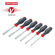 Photo of Craftsman nut driver set CMHT65629V, six pieces with black and red handles, V Series logo, front angle.