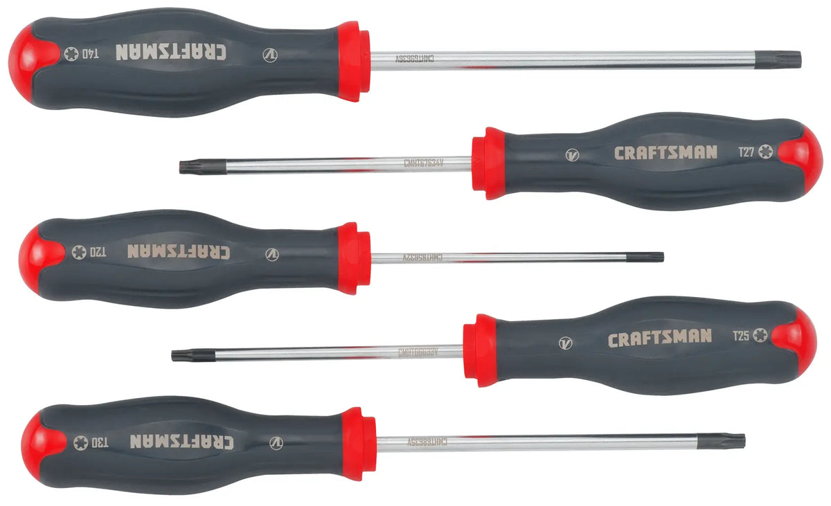 Photo of Craftsman CMHT65630V 5-piece Torx screwdriver set with black and red handles, top view.