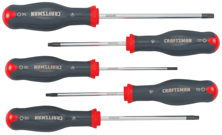 Photo of Craftsman CMHT65630V 5-piece Torx screwdriver set with black and red handles, top view.