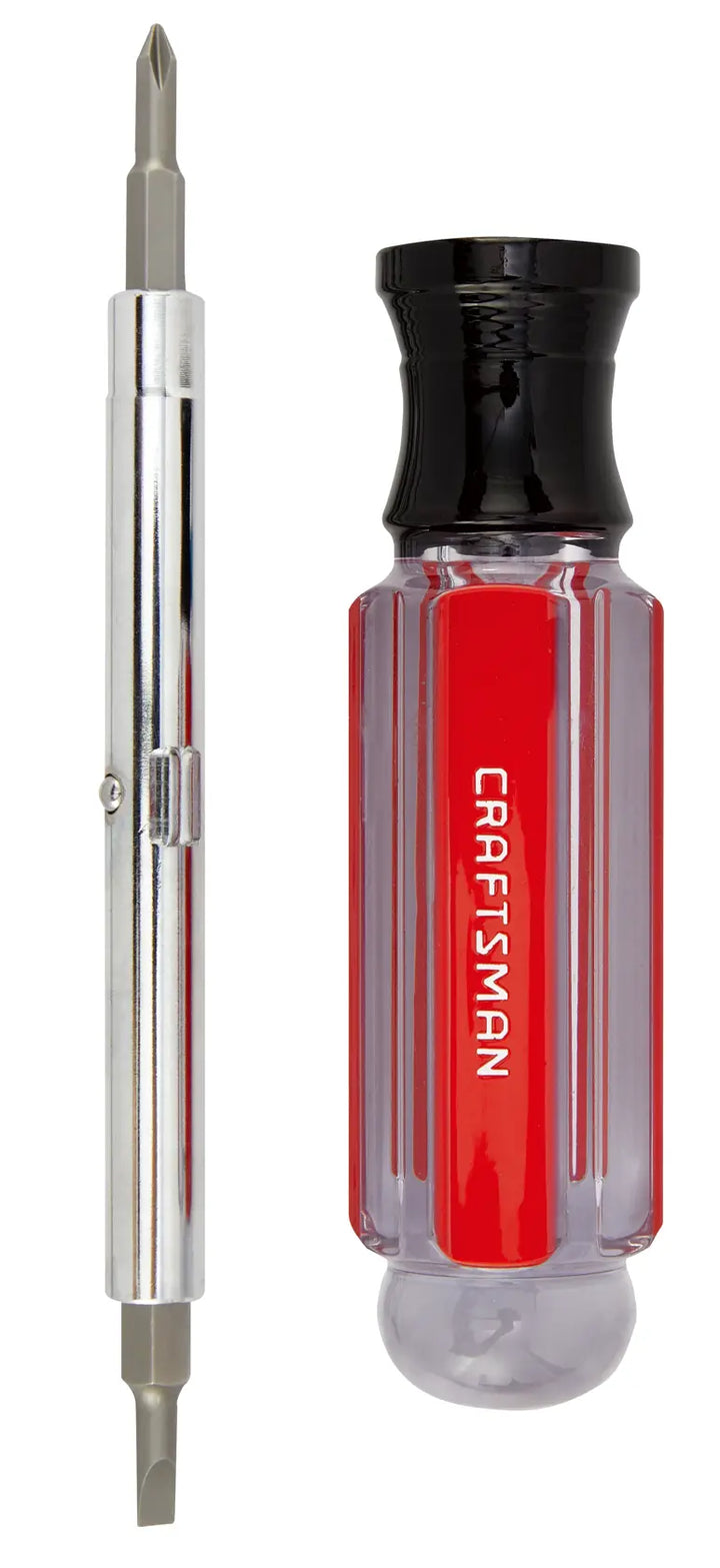 Photo of Craftsman CMHT66052 multi-bit screwdriver with red handle and detachable metal shaft, front angle.