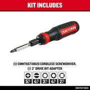 Photo of Craftsman cordless screwdriver kit CMHT66718B20 including drive bit adapter and multiple bits, side angle.