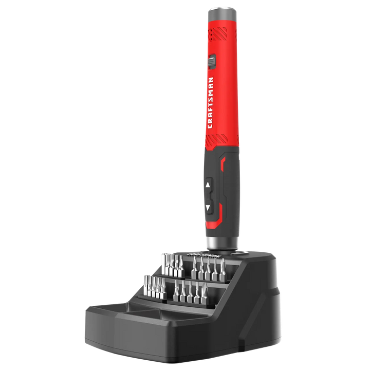 CRAFTSMAN CMHT66720 red and black electric screwdriver set with multiple bits in black stand, front angle.