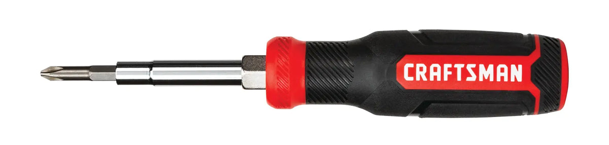 Photo of CRAFTSMAN CMHT68000 multi-bit screwdriver with black and red handle, side view on white background.