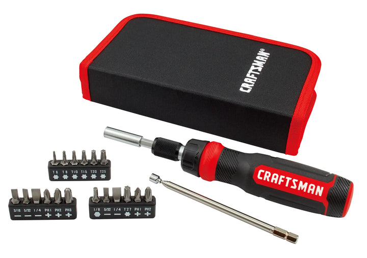 Photo of Craftsman ratcheting screwdriver set CMHT68001 with bits, extension bar, and black-red carrying case, front angle.