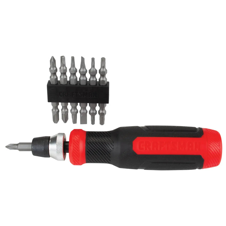 CRAFTSMAN CMHT68003 ratcheting screwdriver with black and red handle and ten interchangeable bits, front angle.