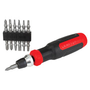 Craftsman CMHT68003 multi-bit screwdriver with black and red handle, shown with eight interchangeable bits, side angle.