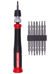 CRAFTSMAN CMHT68004 precision screwdriver with black and red handle and eight interchangeable bits on white background, front view.