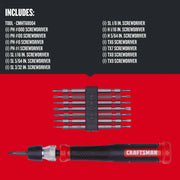 Photo of CRAFTSMAN precision screwdriver set CMHT68004, featuring a black and red handle with multiple interchangeable bits and holder, set on a white background.