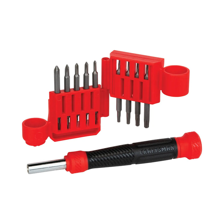 Craftsman precision screwdriver set with red bit holder and black handle, SKU CMHT68005, front angle.