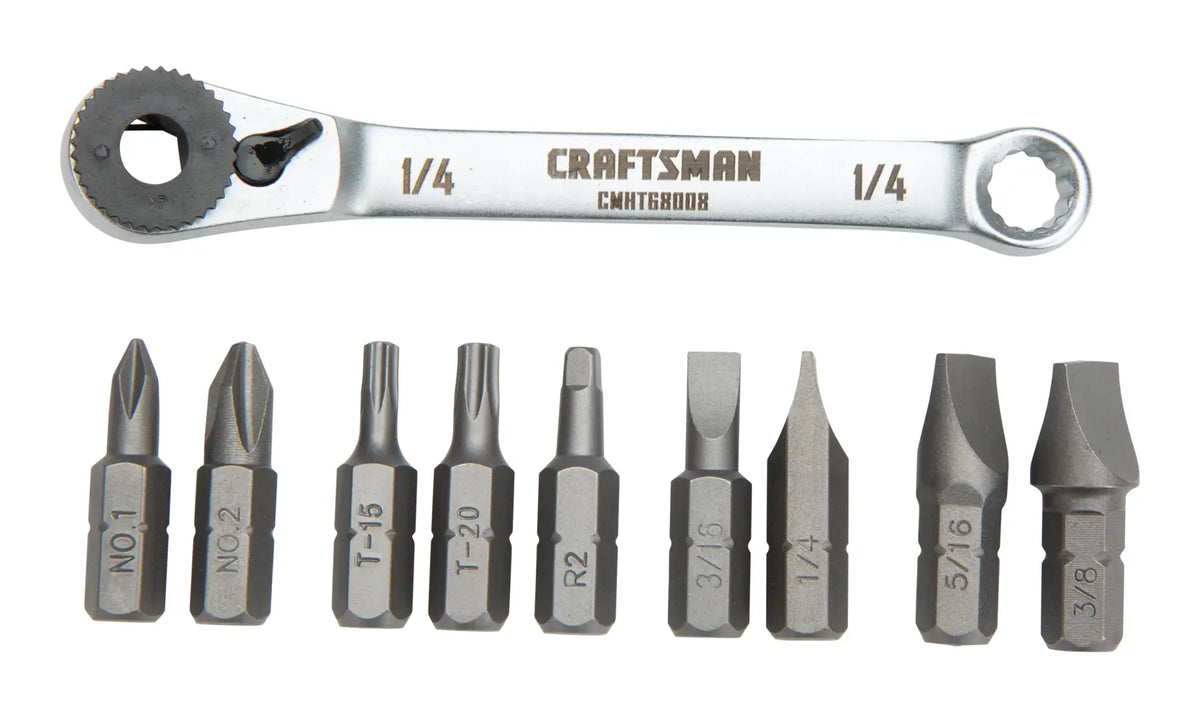 Photo of Craftsman CMHT68008 ratcheting wrench set with ten assorted screwdriver bits, top view, white background.