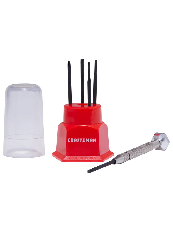 Craftsman precision screwdriver set CMHT68009 with red holder, silver handle, and interchangeable black bits, front angle.