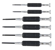 A set of six precision screwdrivers with black textured handles, labeled with the brand 'Craftsman' and different tip sizes and types. The tips include flathead and Phillips, arranged in a row against a white background.