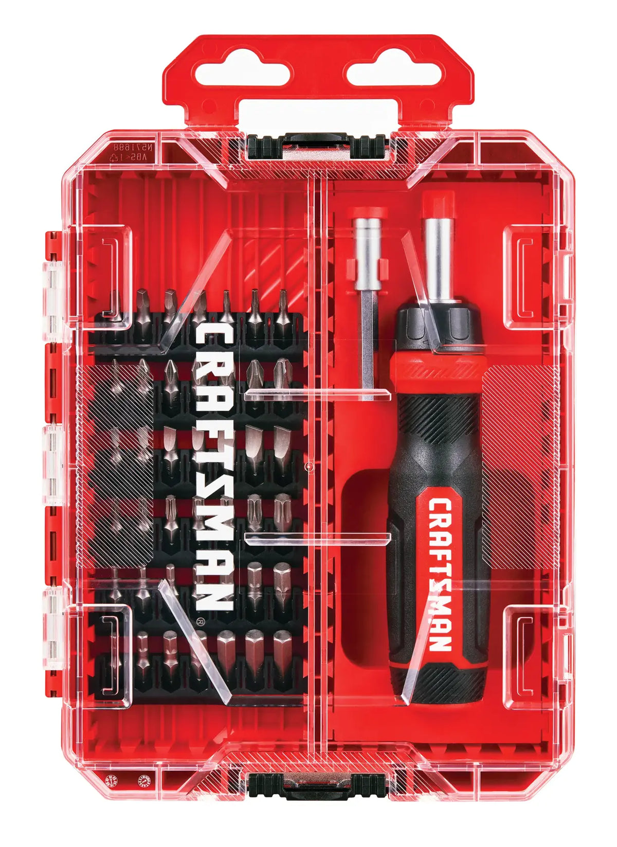 CRAFTSMAN CMHT68017 screwdriver set with multiple bits in a clear red plastic case, top-down view.